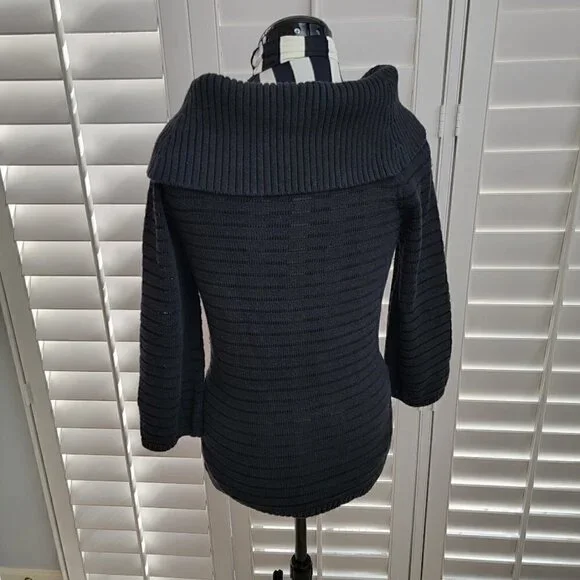 WHITE HOUSE BLACK MARKET BLACK STRIPED RIBBED KNIT COWL NECK SWEATER, SIZE S - Picture 4 of 11